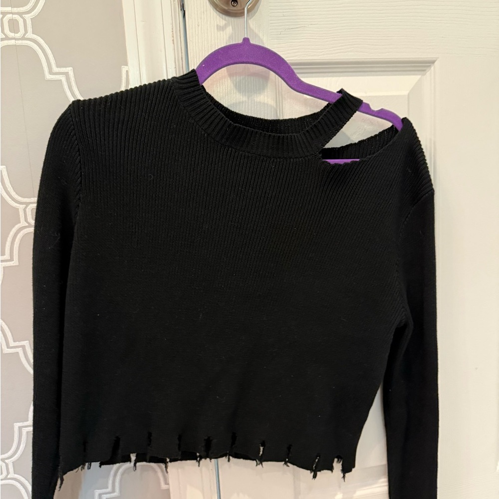 Black Distressed Crew Neck Sweater - Women
